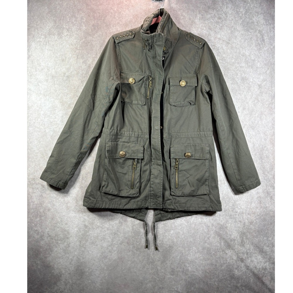 Madden NYC Jacket Womens M Green Utility Field Studded Velvet Trim Military Coat